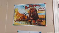 Front view of the 1994 Dr Pepper tin sign showing a lion lying down with a pipe marked 'VICE VITALITY' and text 'Dr Pepper King of Beverages'.