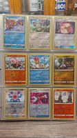 Photo shows nine Pokemon cards arranged in a 3x3 binder page. Cards are sleeved and are a mix of Water, Electric, Fighting, Fire, Dragon, and Normal types including Magikarp, Minccino, and Pikachu.