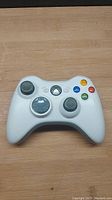 Front view of white Xbox 360 controller showing buttons, analog sticks, and directional pad.