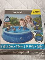 Front packaging label of an Avenli inflatable pool showing kids playing inside the pool in an outdoor setting. The box highlights the size dimensions as 3.0m (10ft) diameter and 76cm (30in) height, and 956 gallons/3618 liters water capacity.