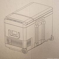 Packaging box showing illustration of the refrigerator with wheels and handle.