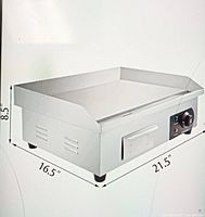 Stainless steel flat top griddle with side splash guards, grease drawer and control knob, overlaid with product dimensions (21.5" x 16.5" x 8.5").