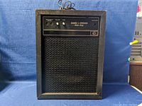 Front view of the amplifier showing speaker grille and control panel with instrument inputs, volume and tone knobs, and pilot light.