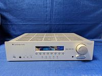 Front view of receiver powered on showing illuminated display and front panel controls