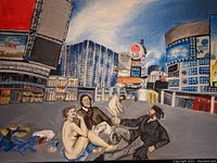 Full view of original parody oil painting on stretched canvas showing Toronto Eaton Centre urban backdrop with four figures, one nude female, and three men in casual and historical wear, unframed 24 x 18 inches approximately.