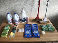 Photo of various cleaning supplies, multiple bleach bottles, brushes, sponges, mop refills, and cleaning cloths.
