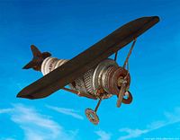 Side angle also showing the spark plug body and metal wings, airplane sculpture in rusted condition.