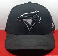 Front view of the black fitted hat displaying the Blue Jays logo.