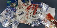 Overview of a variety of stamped pins, cards, pamphlets, and small promotional pieces related to hockey and WWF collectibles laid out on flat surface