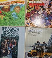 Top left image showing four Beach Boys LP albums: Endless Summer, Wild Honey, Good Vibrations, Surfin Safari, with visible album art and aging wear.