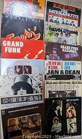 Photo showing the front covers of twelve vintage vinyl records from various rock and oldies artists including Grand Funk, Jan & Dean, Blood Sweat & Tears and more.