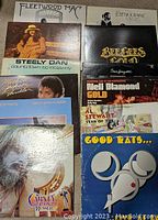 Collection of vinyl album covers laid out on floor, showing a variety of classic artists including Fleetwood Mac, Bee Gees, George Harrison, Steely Dan, ELP, Bruce Springsteen, Neil Diamond, Michael Jackson, Dire Straits, Al Stewart, Leon Russell and Good Rats.