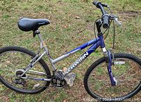 Photo of Schwinn Sidewinder mountain bike showing frame, tires, gears, and seat on grassy ground.