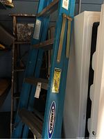 Blue Werner aluminum step ladder shown with label and safety instructions, brass-colored locking mechanisms visible.