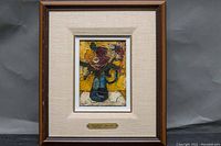 Full front view of framed painting showing wooden frame, linen mat and impasto artwork