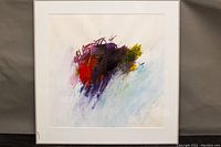 Full view of framed abstract painting with visible chipped glass on bottom left corner.