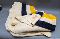 Folded cream wool blanket with navy and yellow stripes