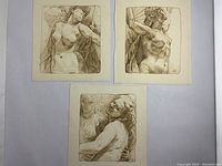 Set of three signed original drawings displayed together showing three European statue figures in pencil on paper.