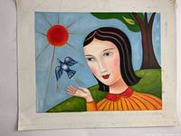 Photo of original oil painting with woman and bird under red sun and tree