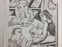 Close-up of pencil drawing showing people at table reading and writing in black and white.