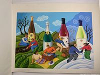 Full view of the colorful acrylic painting depicting wine bottles and seasonal activities in a stylized commercial art style.