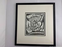 Overall view of framed scraperboard artwork showing entire piece including black frame and white mat.