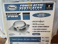 Box front displaying brand Master Flow, model Good Pro, roof mount power attic ventilator with features such as energy savings, attic coverage up to 1600 sq.ft., 1000 CFM airflow, and automatic thermostat.