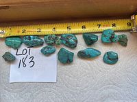 Displays fourteen polished turquoise stones aligned above a white paper with lot number, alongside a measuring tape showing lengths up to 9 inches.