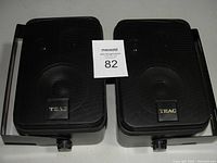 Front view of two black TEAC outdoor speakers with grills and TEAC badges