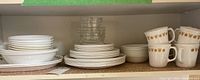 Full set on shelf including plates, bowls, glass bowls, and cups with gold leaf pattern.
