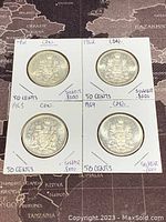 Four Canadian 50 cent coins from 1961 to 1964 in protective holders showing inscriptions about silver content and coin details.