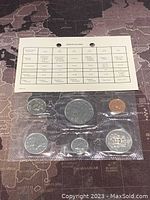 Seven Canadian coins (1 cent to 1 dollar and a commemorative coin) in proof-like condition sealed in plastic, with a specification card above.