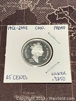Obverse side of 2002 Canadian 25 cents silver coin featuring Queen Elizabeth II with date and inscriptions.