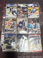 Photo showing 9 different Toronto Maple Leafs trading cards in protective sleeves. Cards display individual players in various poses and game action.