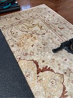 Top-down view of full rug showing beige background, floral and vine motifs, borders, and surrounding gym equipment