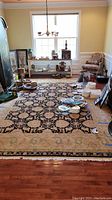 Full room view showing entire rug under scattered household items