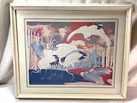 Front view of the framed vintage oriental print of cranes and bamboo showing colors and details.