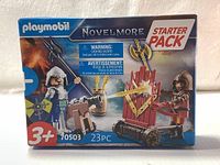 Front of retail box showing the Playmobil NovelMore Starter Pack 70503 Knight Shield Cannon with artwork of the set