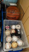 Overall shot of the plastic bin containing signed baseballs and two signed hockey pucks, alongside the Spalding NBA basketball in display case.