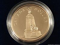 Close-up of the reverse side of the 1994 Canadian Remembrance Dollar showing the Tomb of the Unknown Soldier.