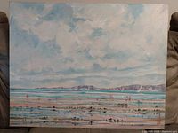 Full image of the painting showing a beach scene with ocean and sky under light clouds.