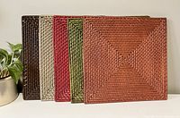 Front view of all five place mats standing upright showing colors and woven texture