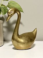 Front view of the brass swan figurine showing the head and neck curve with visible patina and surface wear.