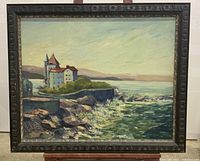 Full view of the original oil painting showing the lakeshore scene with rocky coast and building.
