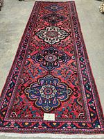 Full length view of runner showing repeating medallion pattern and border