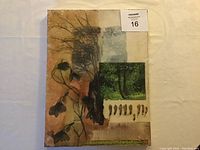 Photo of the original encaustic and mixed media artwork on board showing abstract natural imagery, combining painting and collage techniques, signed by artist.