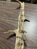 Driftwood piece with natural texture, showing partial lighthouse and houses etched on the wood surface.