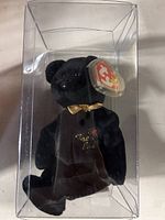 The black Beanie Baby bear inside clear rigid protective box showing front side and embroidered design