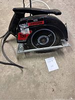 Side view of black Craftsman circular saw showing brand label, blade size of 7 1/4 inches, and power cord.