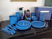 Photo of blue plastic dishes including plates, bowls, cups, cutlery, water bottles, salt and pepper shakers, freezer pack and storage box on a table.